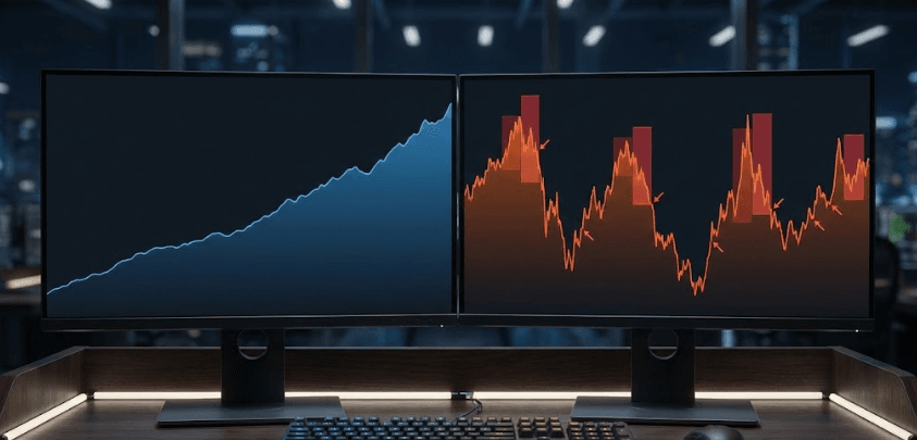 Comparação visual entre backtest idealizado e resultado real com custos e regimes no mercado
