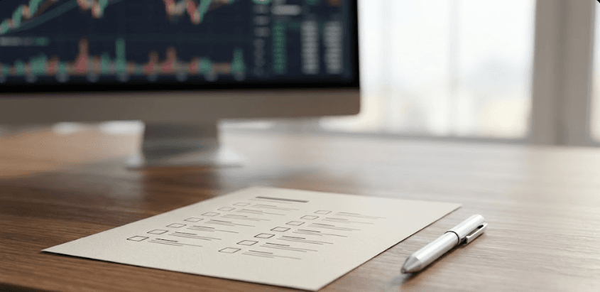 Checklist visual de validação de robustez em algotrading em estilo clean e premium
Legenda (opcional): Sequência mínima para validar robôs.