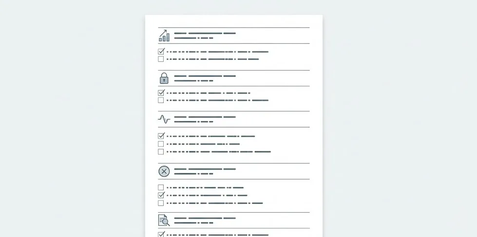 Checklist visual de robustez para gradiente linear com limites, travas, filtro de regime, cancelamentos e auditoria