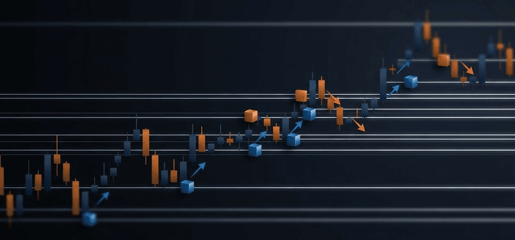 Gráfico com candles e níveis horizontais mostrando o grid do gradiente linear com entradas e realizações