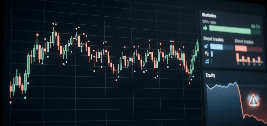 Painel de trading realista mostrando sequência de ganhos pequenos com alta taxa de acerto e um alerta de risco de cauda após uma queda grande, ilustrando mitos do gradiente linear