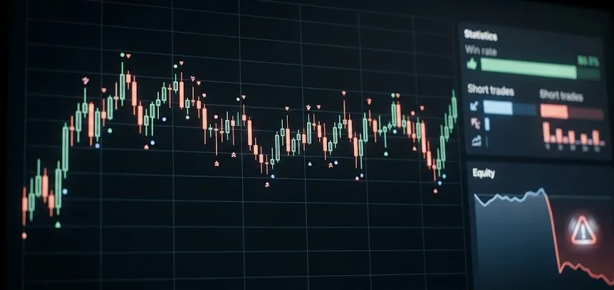 Painel de trading realista mostrando sequência de ganhos pequenos com alta taxa de acerto e um alerta de risco de cauda após uma queda grande, ilustrando mitos do gradiente linear