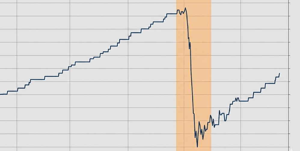 Curva de equity com várias altas pequenas e um drawdown grande ilustrando risco de cauda no gradiente linear