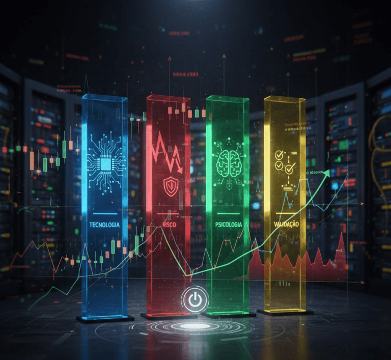 Ilustração 3D dos 4 pilares fundamentais da segurança no algotrading: Tecnologia, Risco, Psicologia e Validação. Representação visual de como mitigar os riscos ocultos nos backtests de Gradiente Linear.
