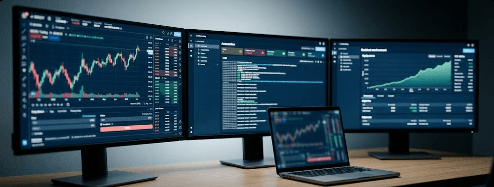 Estação de trabalho moderna de trading com múltiplas telas mostrando plataforma, automação e validação, representando escolha de ferramentas para gradiente linear