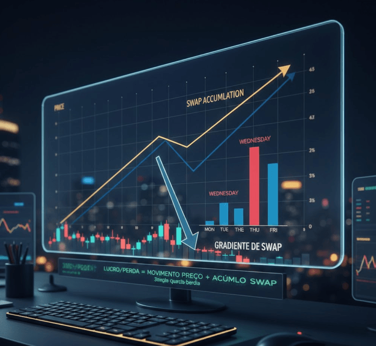 Gráfico financeiro futurista exibindo vetores de força e uma linha linear constante representando o acúmulo de swap no trading.