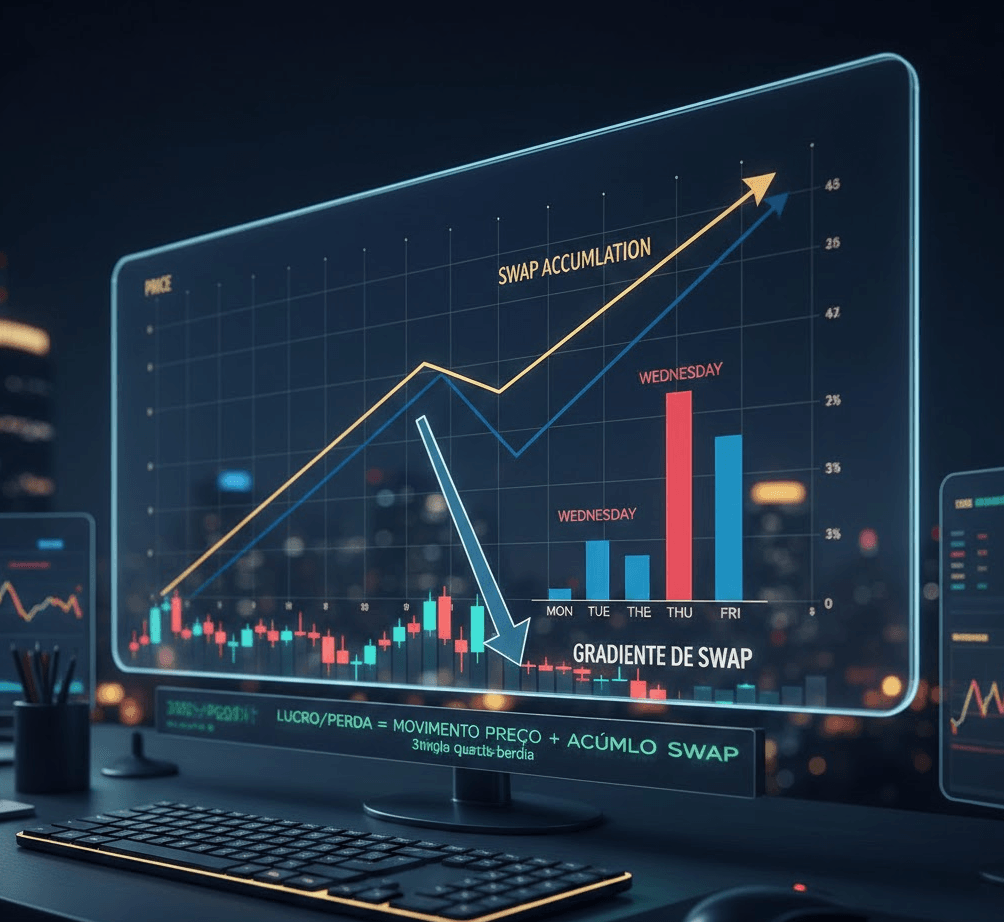Gráfico financeiro futurista exibindo vetores de força e uma linha linear constante representando o acúmulo de swap no trading.