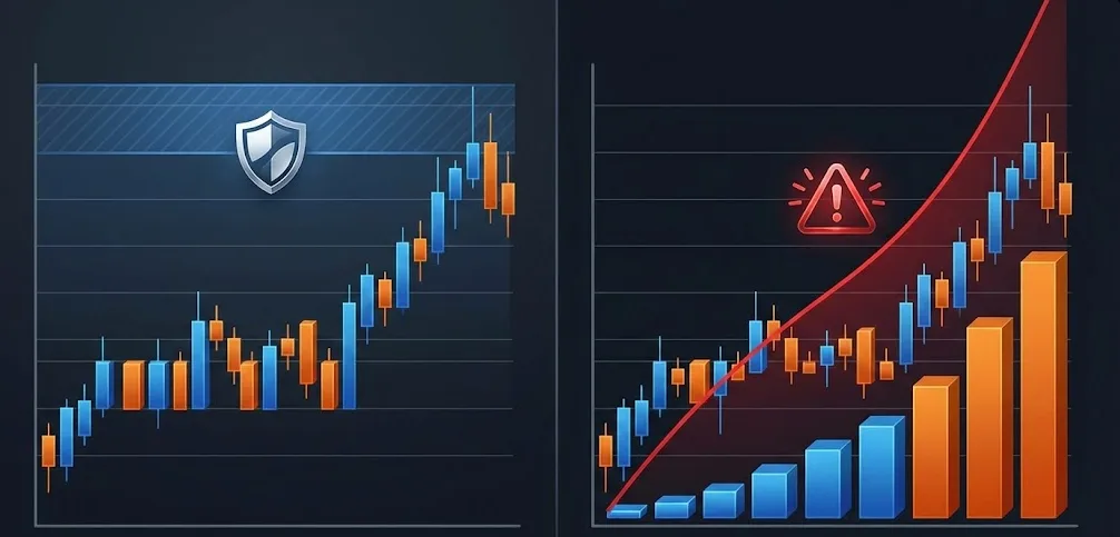 Comparação em dois painéis mostrando grid com travas e martingale com risco crescente no gráfico