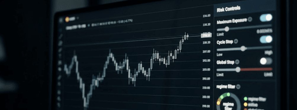 Tela de plataforma de trading com painel de gestão de risco exibindo travas do gradiente linear e status de desligamento por regime, representando limites e controle operacional