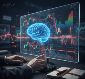 Ilustração de um trader analisando gráficos com destaque para um cérebro digital, representando a psicologia no trading e o mindset vencedor.