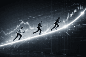 Traders correndo sobre uma linha de tendência de alta em um gráfico de candles, simbolizando trend following em um cenário moderno e minimalista.