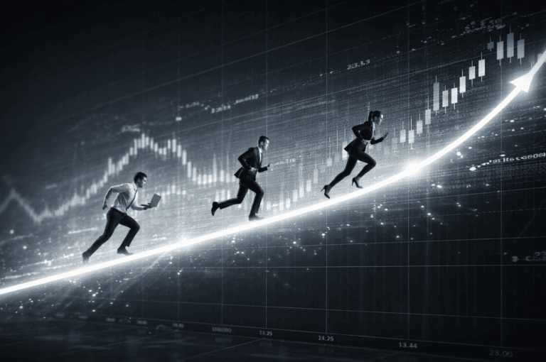 Traders correndo sobre uma linha de tendência de alta em um gráfico de candles, simbolizando trend following em um cenário moderno e minimalista.