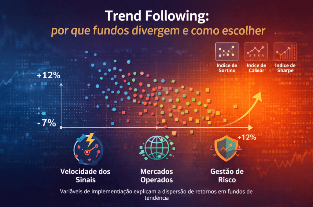 Dispersão de resultados em fundos de trend following, com variáveis de implementação (velocidade dos sinais, mercados operados e gestão de risco) e métricas Sharpe, Sortino e Calmar.
