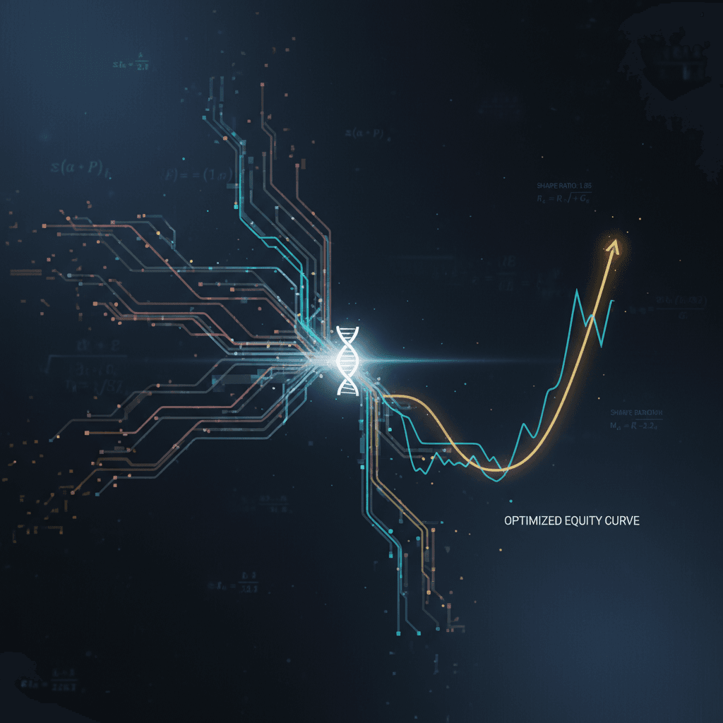 Visualização conceitual do processo de um algoritmo genético trading, mostrando a evolução e seleção de estratégias em um infográfico clean.
