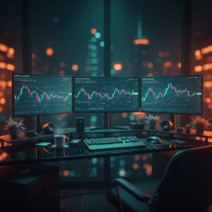 Setup de trading cinematográfico com monitores exibindo a performance de um algoritmo genético trading, com iluminação teal e orange e efeito bokeh.