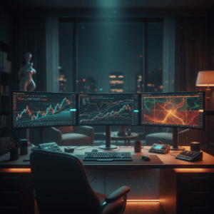 Setup de trading profissional com monitores exibindo gráficos de um algoritmo genético trading em um ambiente cinematográfico.