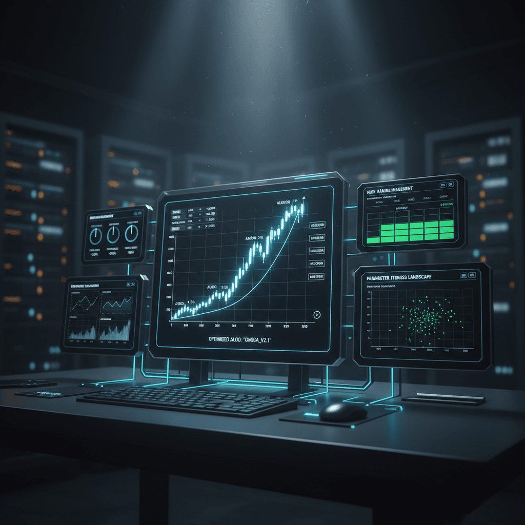 Dashboard profissional exibindo os resultados práticos e a gestão de risco de um algoritmo genético trading, com gráficos anotados e validação de dados.