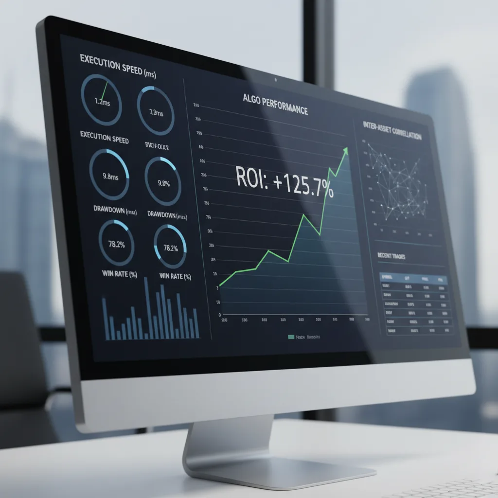 Dashboard profissional com visualização de dados e gráficos de performance de um algoritmo de trading.