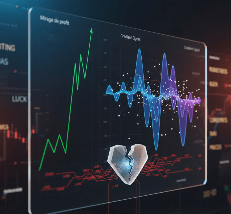 Interface de análise quantitativa comparando uma curva de capital ascendente com um gradiente de sinal volátil e instável.