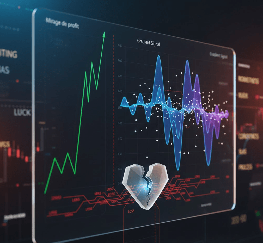 Interface de análise quantitativa comparando uma curva de capital ascendente com um gradiente de sinal volátil e instável.