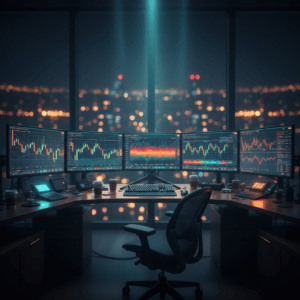 Setup de trading profissional exibindo a análise de correlação de portfólio quant em múltiplos monitores ultrawide.