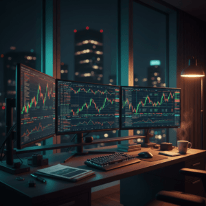 Setup de trading profissional exibindo gráficos de candlesticks para análise de correlação em um portfólio quant, com iluminação cinematográfica.