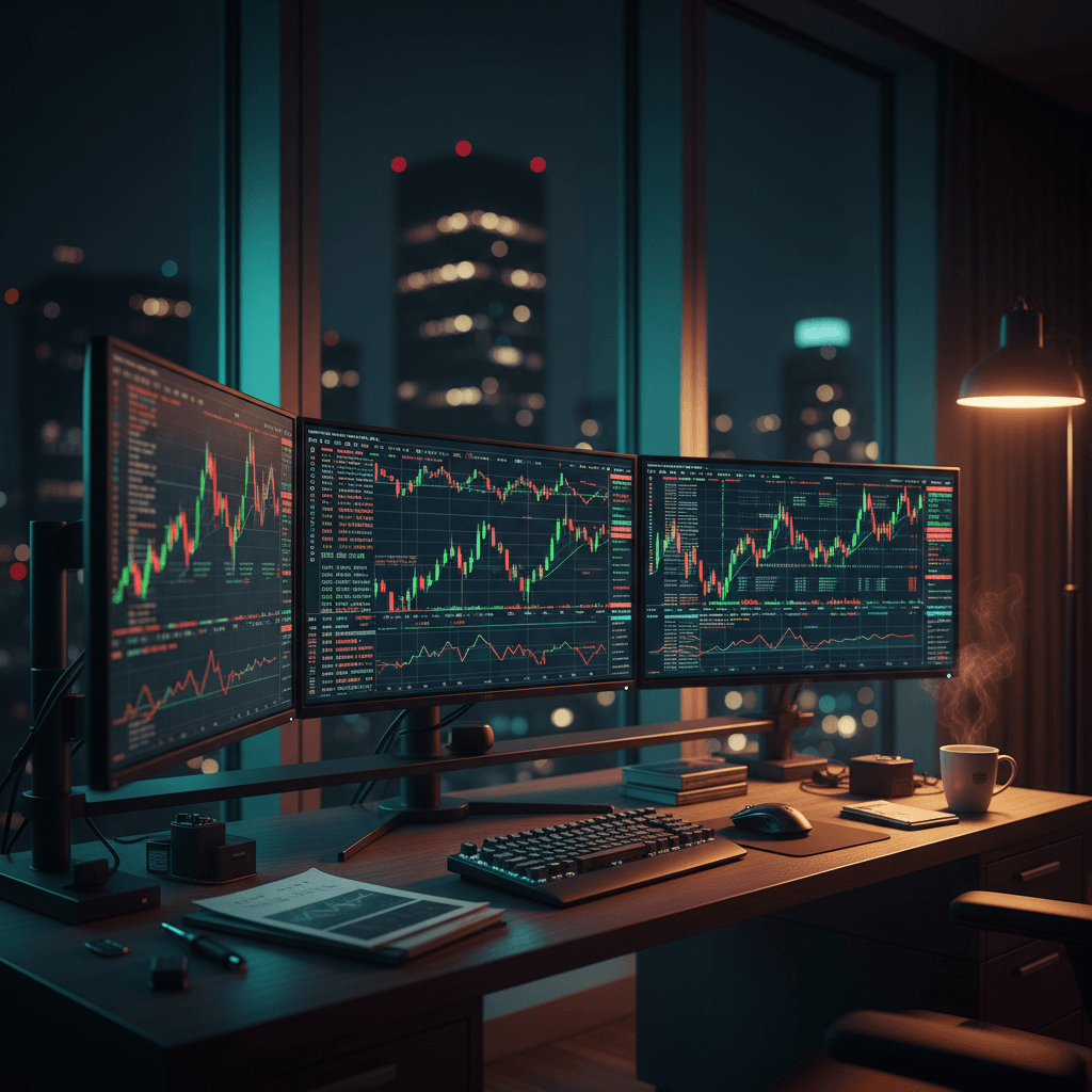 Setup de trading profissional exibindo gráficos de candlesticks para análise de correlação em um portfólio quant, com iluminação cinematográfica.