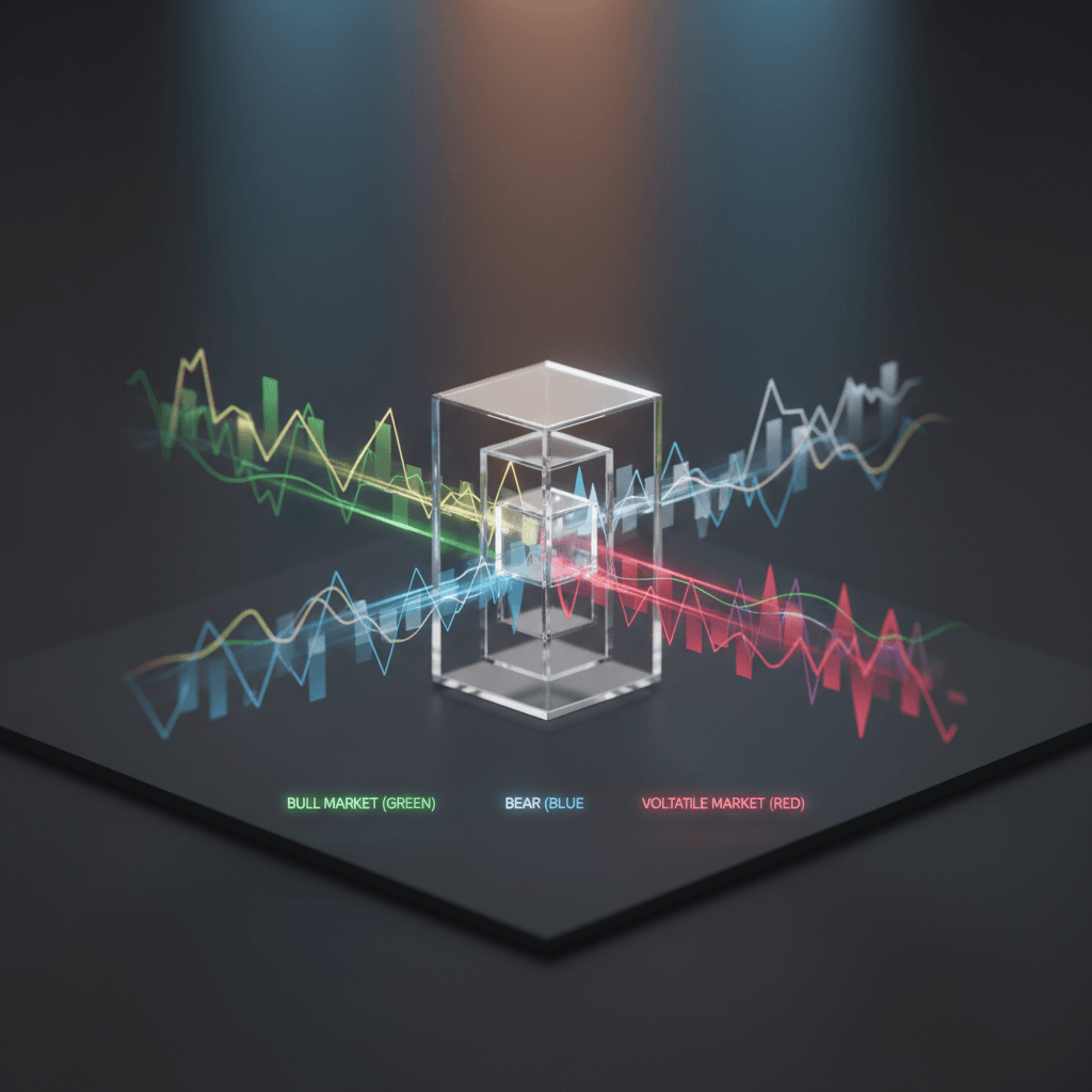 Visualização conceitual de um filtro de regime de mercado classificando diferentes estados do mercado para otimizar estratégias de algotrading.