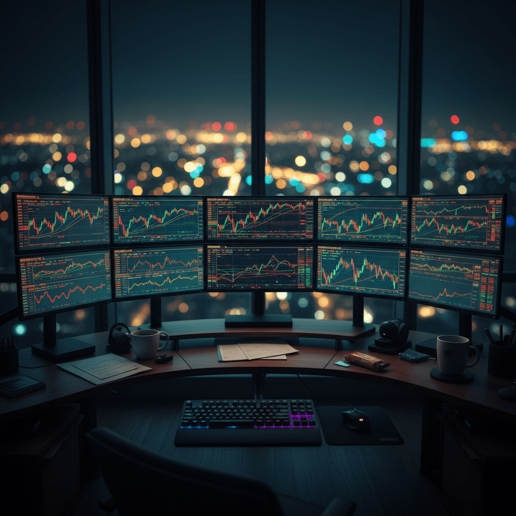 Setup de trading cinematográfico exibindo um filtro de regime de mercado em múltiplos monitores com gráficos de candlestick.