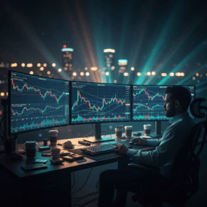 Setup de trading profissional com monitores exibindo um complexo filtro de regime de mercado para algotrading robusto.