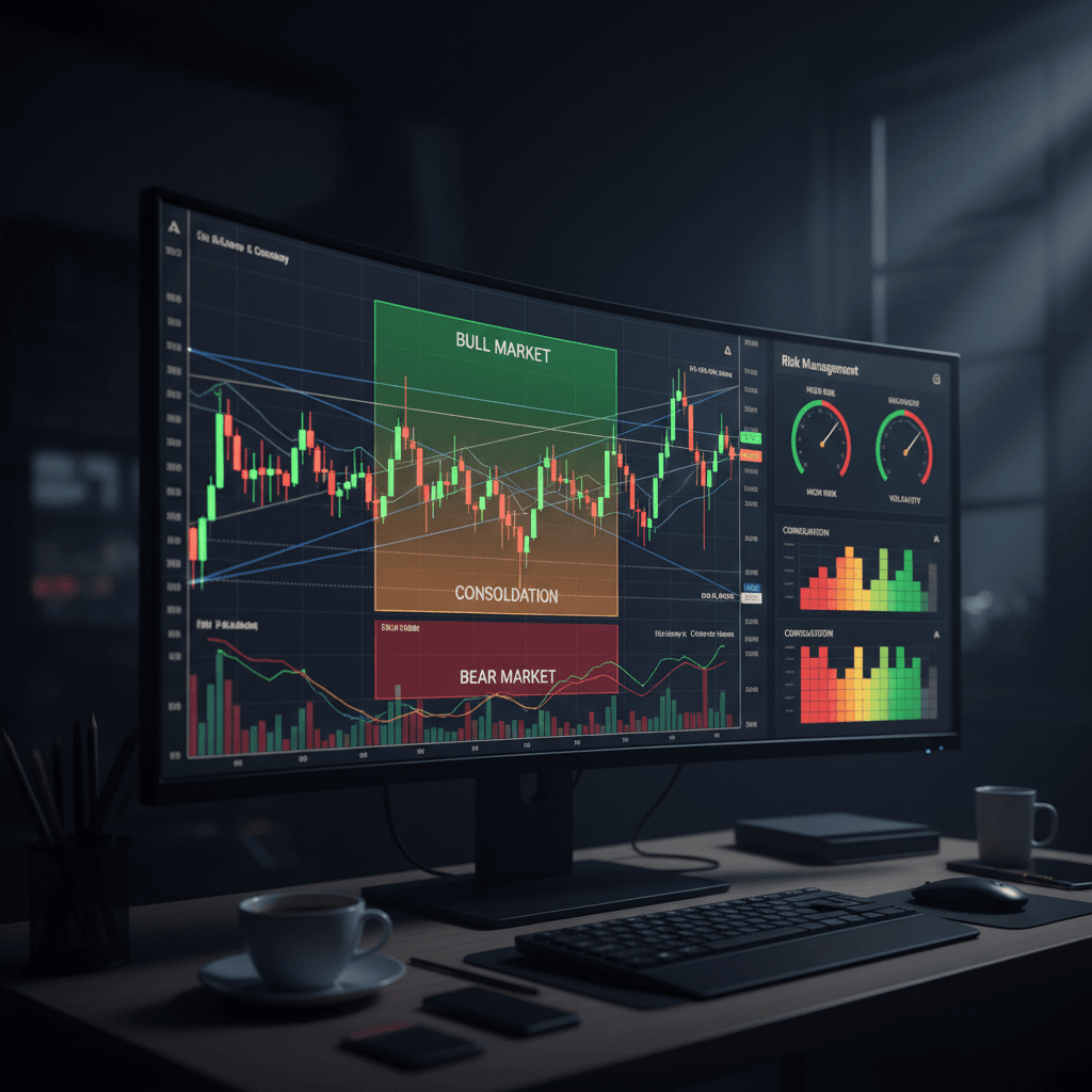 Dashboard de análise técnica mostrando a aplicação prática de um filtro de regime de mercado para gestão de risco.