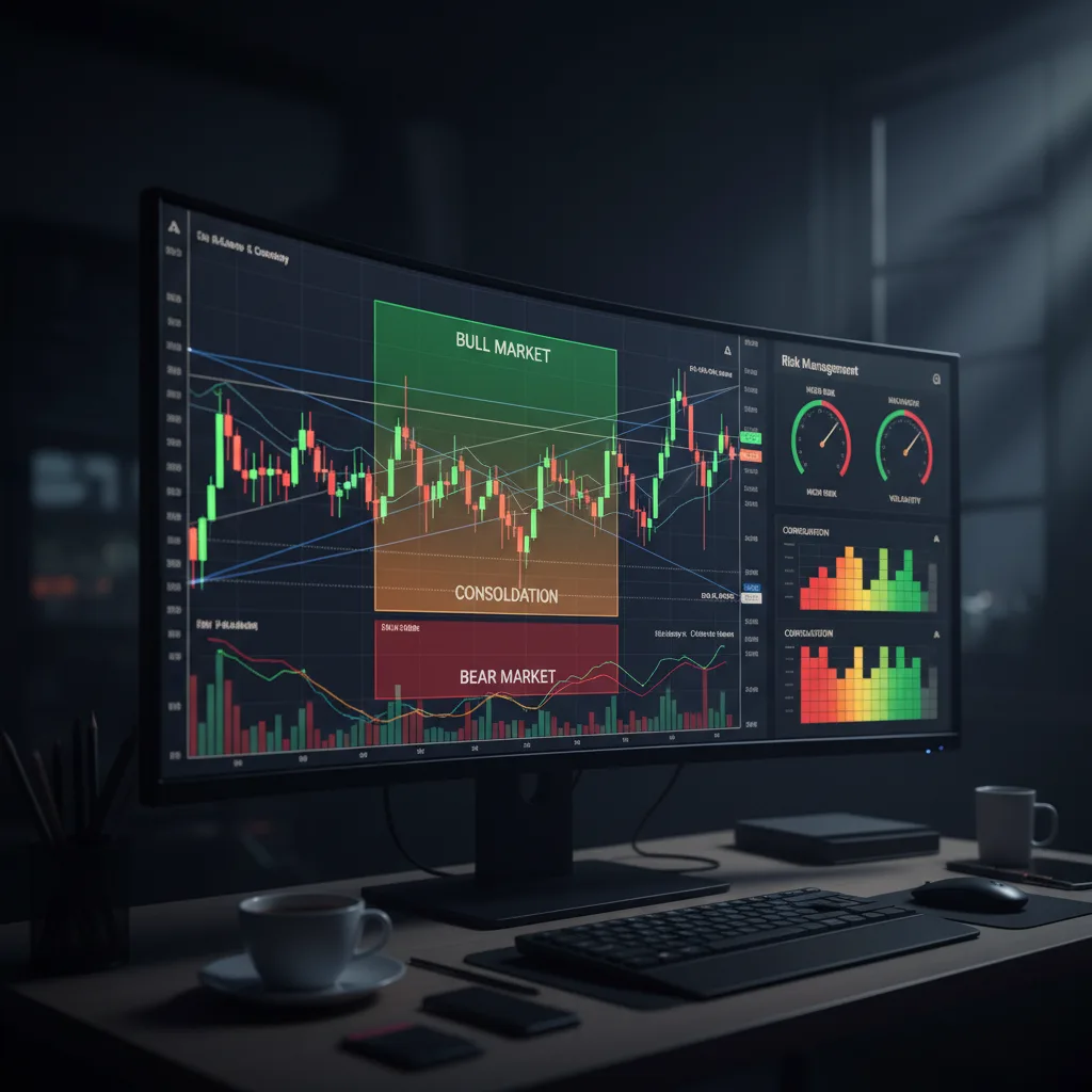 Dashboard de análise técnica mostrando a aplicação prática de um filtro de regime de mercado para gestão de risco.