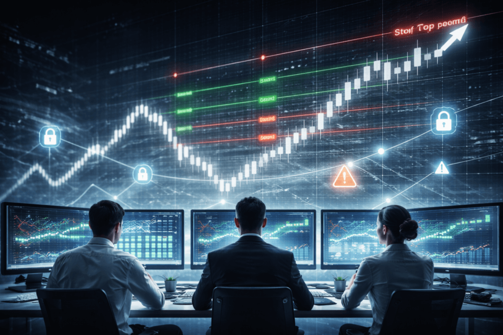 Traders monitorando um painel de Gradiente Linear no mini índice (WIN) com níveis de grid, travas de risco e sinais de automação em um ambiente moderno.