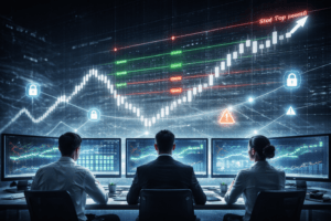 Traders monitorando um painel de Gradiente Linear no mini índice (WIN) com níveis de grid, travas de risco e sinais de automação em um ambiente moderno.