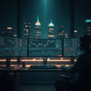 Setup de trading profissional com monitores exibindo gráficos complexos, ilustrando a análise técnica necessária para entender os graus de liberdade trading e evitar o overfitting.