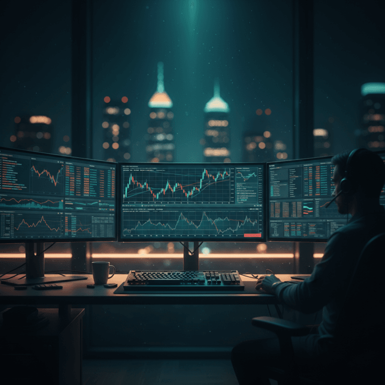 Setup de trading profissional com monitores exibindo gráficos complexos, ilustrando a análise técnica necessária para entender os graus de liberdade trading e evitar o overfitting.