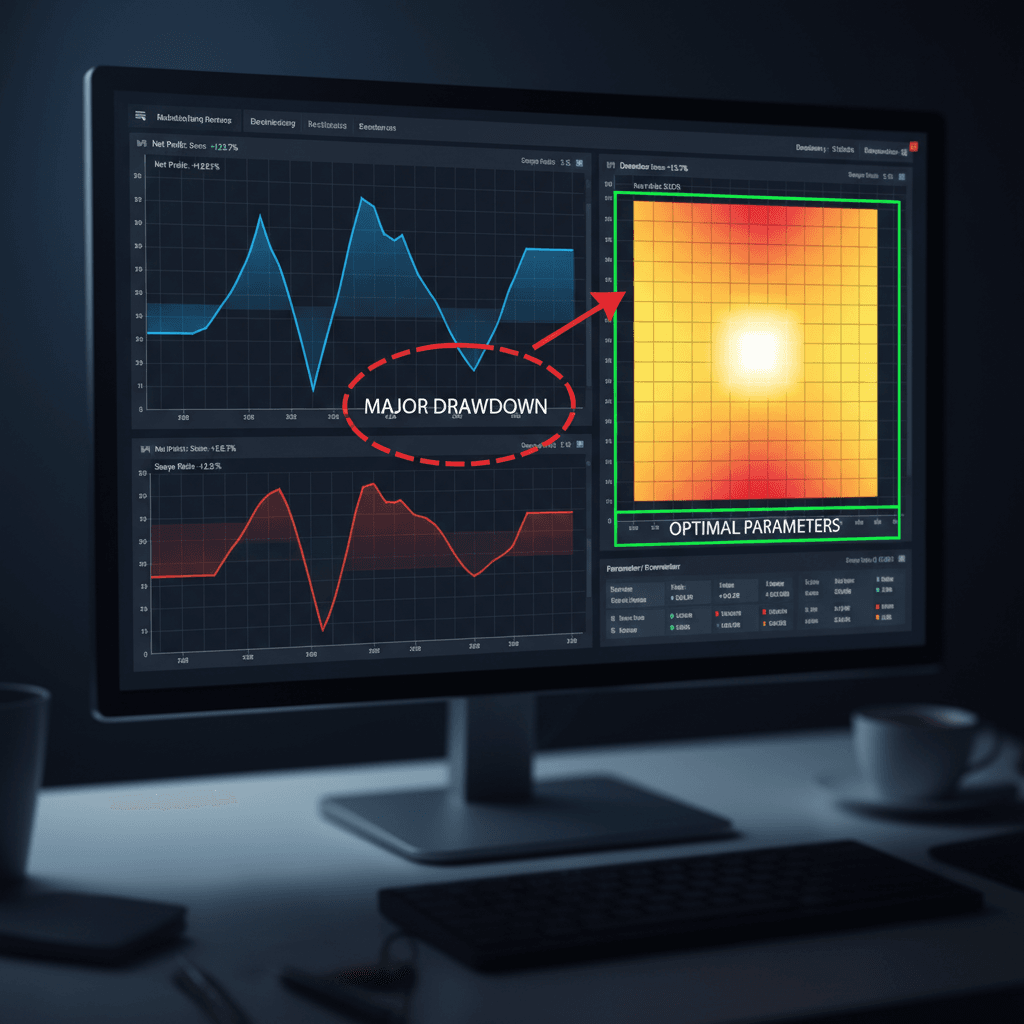 Dashboard de análise quantitativa com um backtest detalhado e anotações sobre gestão de risco, exemplificando a aplicação prática do controle dos graus de liberdade trading.