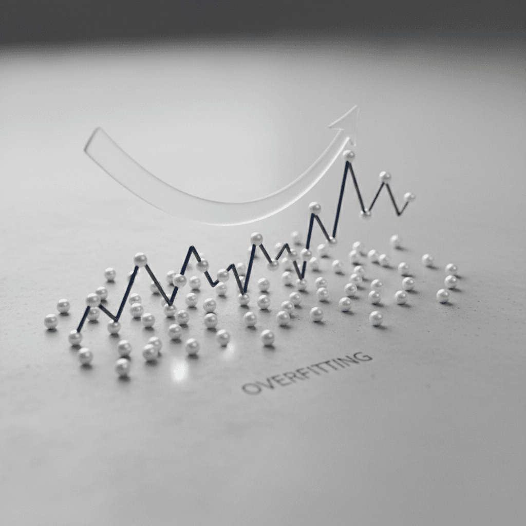 A clean conceptual visualization of overfitting, with a complex line perfectly fitting past data points, representing the core problem of an overfitting backtest.