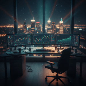 Cinematic view of a professional trading desk with multiple monitors, illustrating the sophisticated environment where a flawed overfitting backtest can be created.