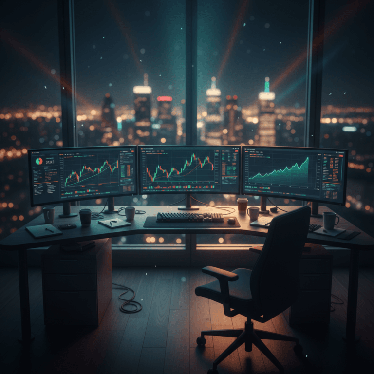 Cinematic view of a professional trading desk with multiple monitors, illustrating the sophisticated environment where a flawed overfitting backtest can be created.