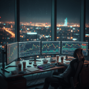 A cinematic trading setup with glowing candlestick charts, representing the risks of overfitting a backtest in financial markets.
