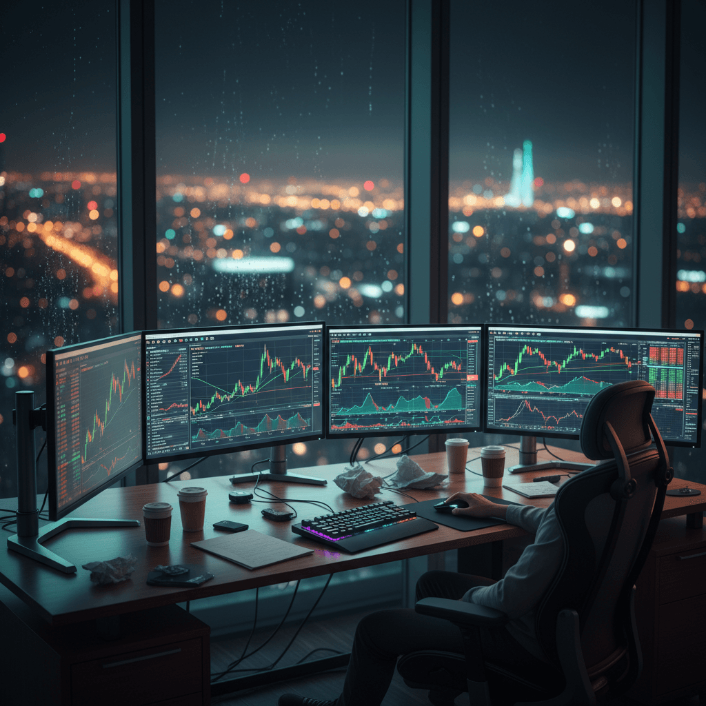 A cinematic trading setup with glowing candlestick charts, representing the risks of overfitting a backtest in financial markets.
