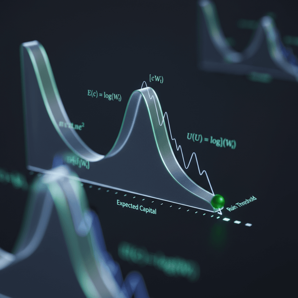 Visualização conceitual do cálculo do risco de ruína, mostrando gráficos de probabilidade e fórmulas de gestão de capital.