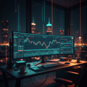 Setup de trading profissional com monitor ultrawide exibindo gráficos para análise e gestão do risco de ruína trading.