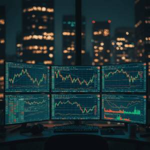 Setup de trading profissional com monitores exibindo gráficos, ilustrando a análise de dados para gerenciar o risco de ruína no trading.
