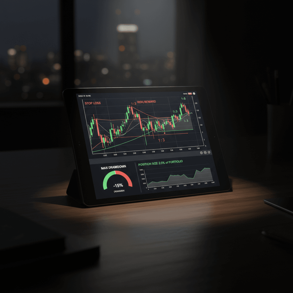 Dashboard profissional com gráficos e anotações para aplicação prática da gestão de risco e prevenção do risco de ruína no trading.