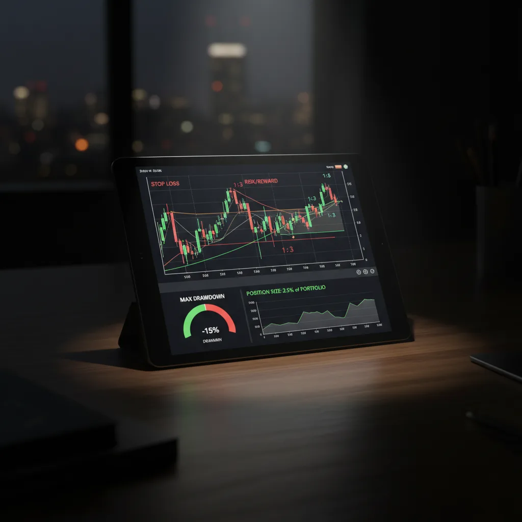 Dashboard profissional com gráficos e anotações para aplicação prática da gestão de risco e prevenção do risco de ruína no trading.