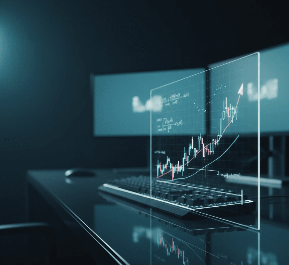 Interface digital com gráficos financeiros e curvas de equity sobre mesa de operações, ilustrando automação de estratégias.