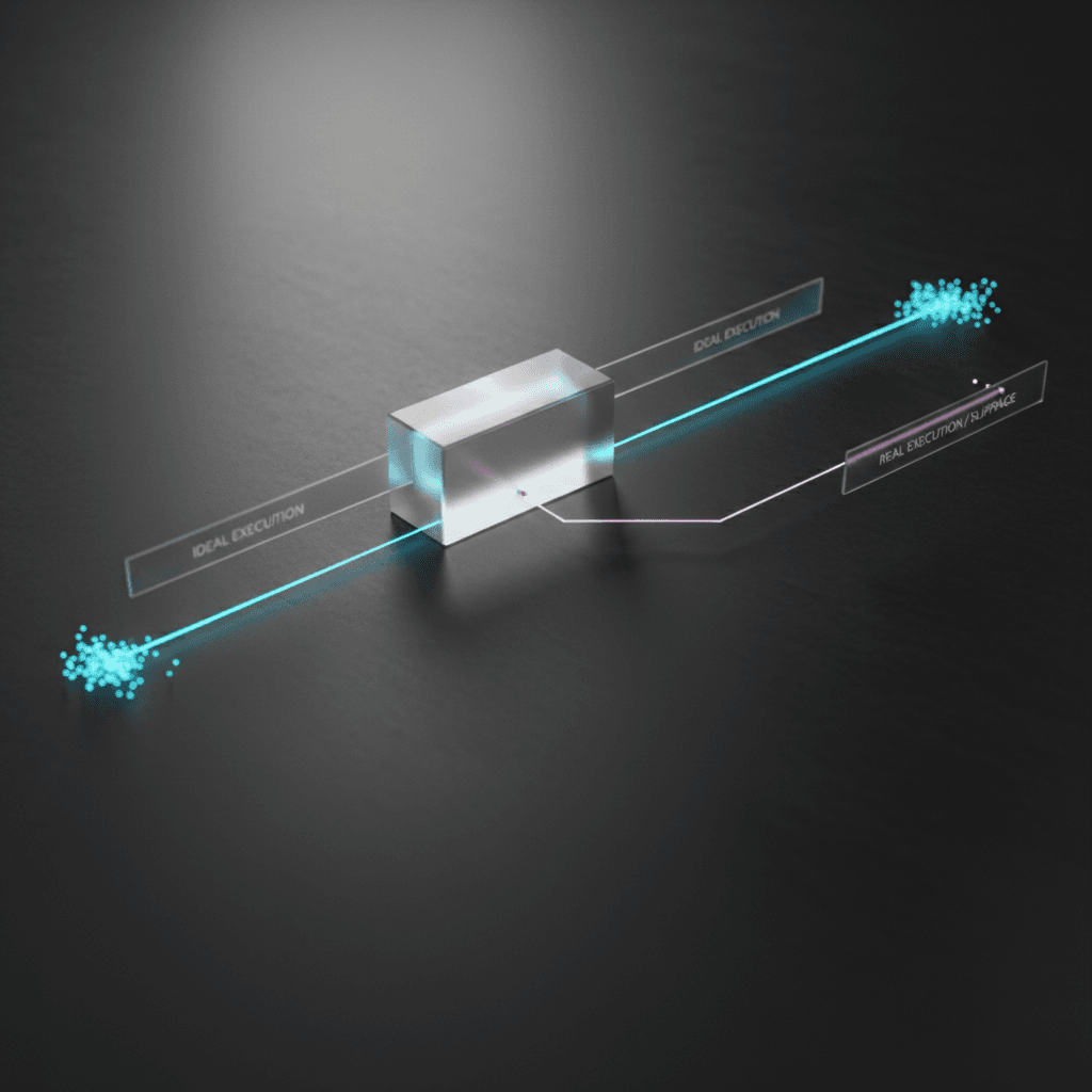 Visualização conceitual do impacto da latência e slippage, mostrando a diferença entre o preço esperado e o preço real executado.