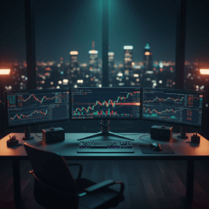 Setup de trading profissional com monitores exibindo gráficos para a simulação de slippage e latência em algotrading.